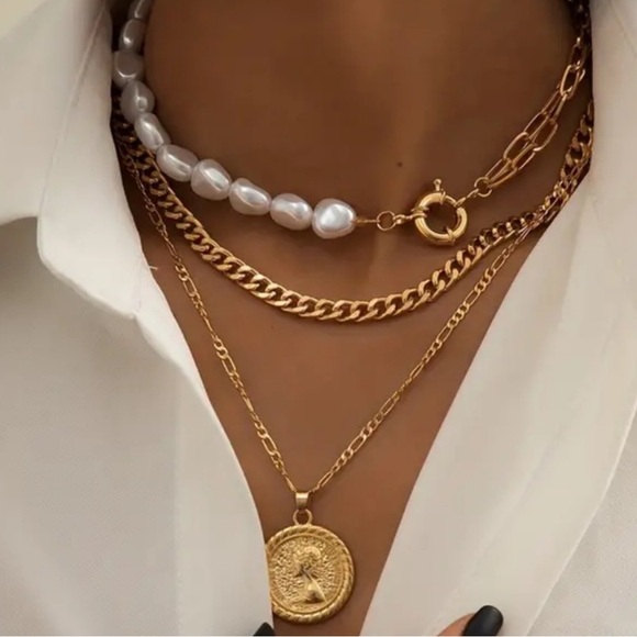 Pearl Toggle Layered Gold Coin Necklace - Picture 2 of 5